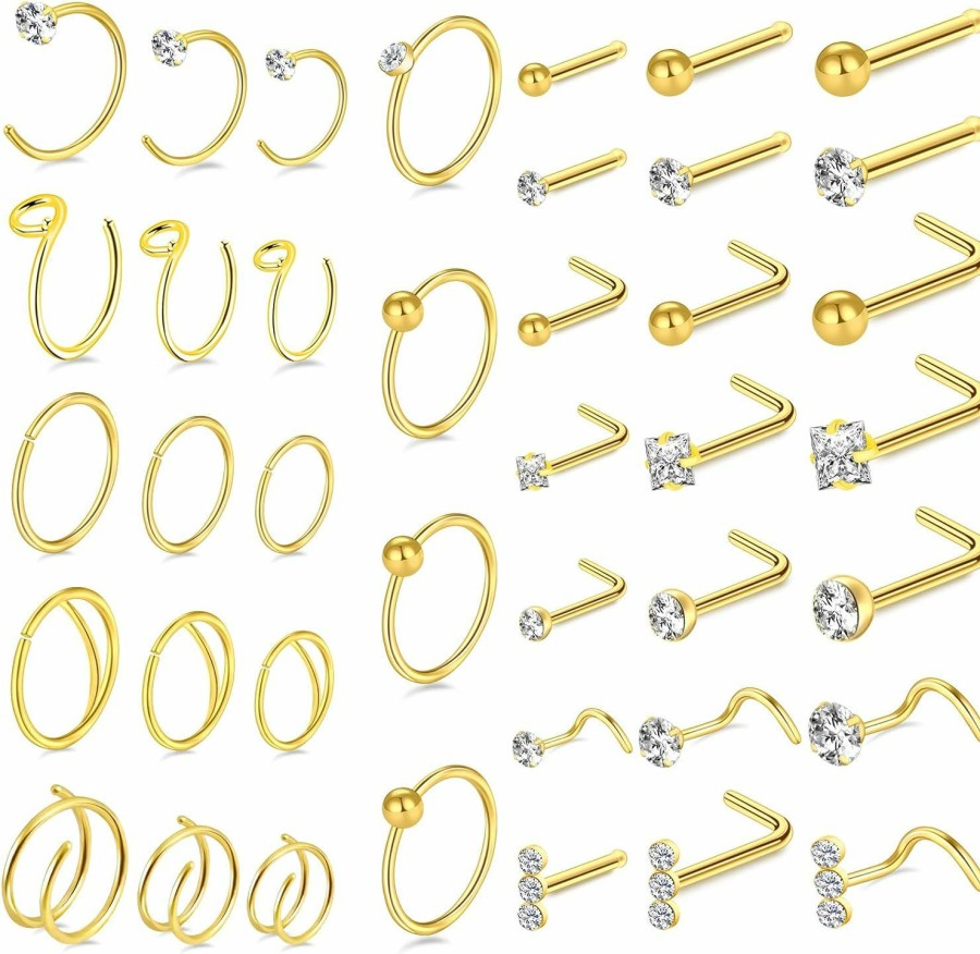 Online ONESING Onesing 23-40 Pcs Gold Nose Rings For Women 18G 20G Nose Piercing Jewelry L Shape Nose Studs Nose Rings Hoop Nose Jewelry Gold Stainless Steel Studs Screw Body Piercing Jewelry For Women Men