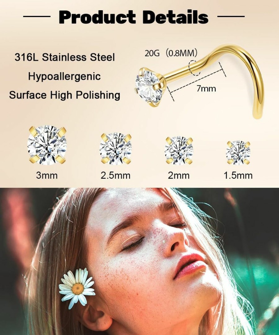 Wholesale Vegolita 8Pcs 18G 20G Surgical Steel Nose Studs For Women Men 1.5-3Mm Round Cz Nose Stud Screw Nose Rings Jewelry