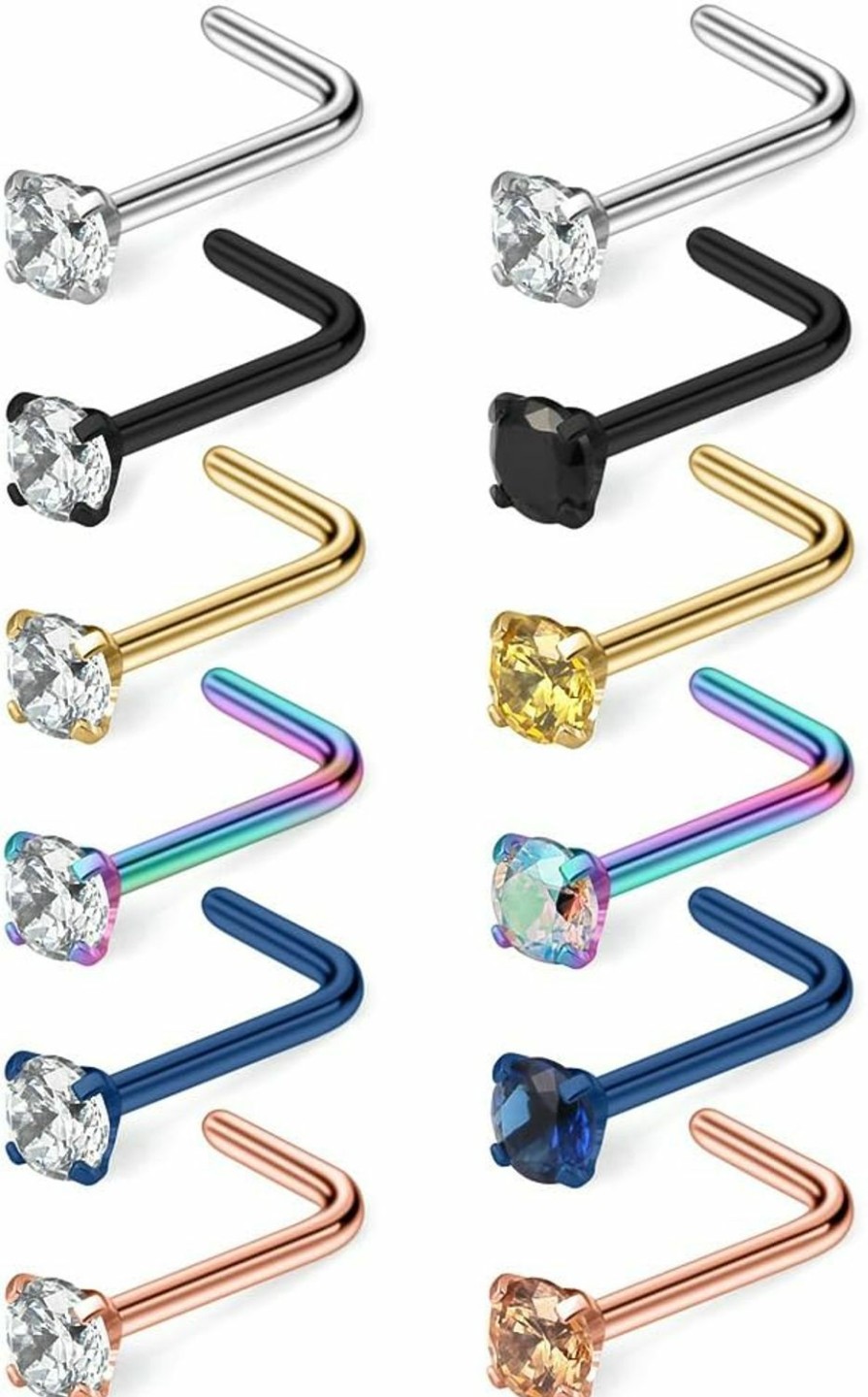 New Ruifan Ruifan 12Pcs 22G Mix Color Stainless Steel Diamond Cz Nose Studs Rings L Shaped Piercing Jewelry 1.5Mm 2Mm 2.5Mm 3Mm