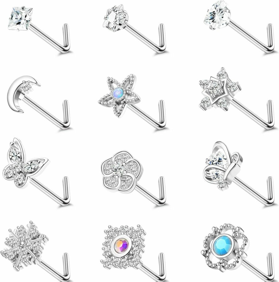 Wholesale Ubjuliwa Ubjuliwa 12Pcs 20G Stainless Steel Nose Rings Stud For Women Screw L Shaped Nose Studs Cubic Zirconia Moon Star Snowflake Flower Butterfly Nose Piercing Stud