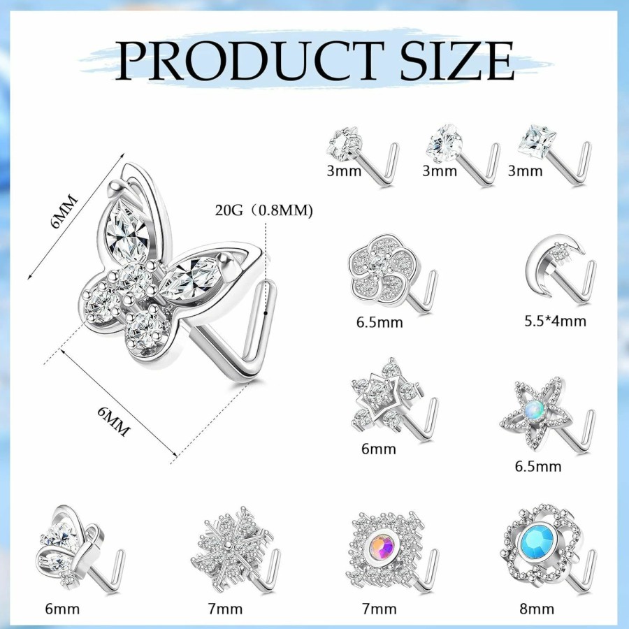 Wholesale Ubjuliwa Ubjuliwa 12Pcs 20G Stainless Steel Nose Rings Stud For Women Screw L Shaped Nose Studs Cubic Zirconia Moon Star Snowflake Flower Butterfly Nose Piercing Stud