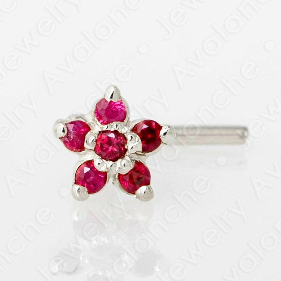 Wholesale Jewelry Avalanche Jewelry Avalanche 22G Solid 14K Gold 6-Stone 0.05Ctw Ruby Flower Nose Stud - Nose Bone/L-Shape/Nose Screw Stud Nose Ring - July Birthstone Nose Stud