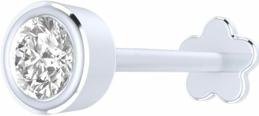 Clearance Demira Bezel Set Diamond Nose Pin In 14K White Gold, 8Mm Screw Post Lip Labret Monroe Piercing