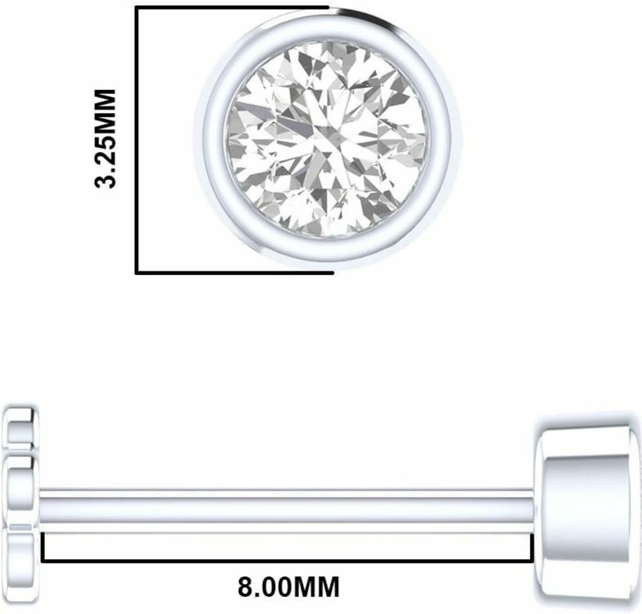 Clearance Demira Bezel Set Diamond Nose Pin In 14K White Gold, 8Mm Screw Post Lip Labret Monroe Piercing