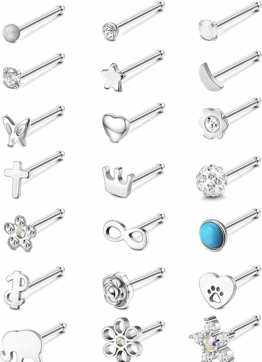 Clearance Magitaco Magitaco 20G 21Pcs Nose Rings Studs Stainless Steel Bone L Screw Shaped Nose Piercing Jewelry For Women Men