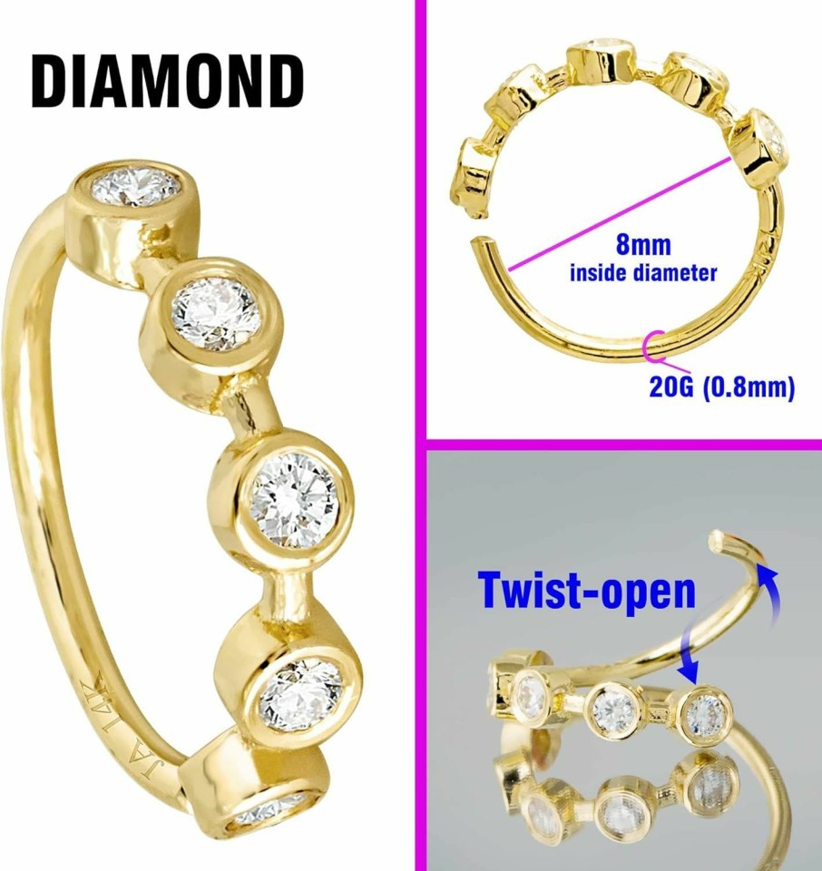 Wholesale Jewelry Avalanche Jewelry Avalanche Solid 20G 14Kt White/Yellow Gold Bezel Set 5-Stone Diamond Nose Hoop Ring - Ear Cartilage Ring - April Birthstone Nose Ring Stud