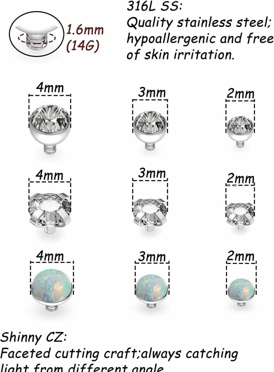 Best Generic Vqoxaggi 18Pcs 14G Grade 23 Titanium Dermal Anchor Tops Internally Threaded Clear Gem Dermal Piercing Jewelry For Women Men, Vxg0003