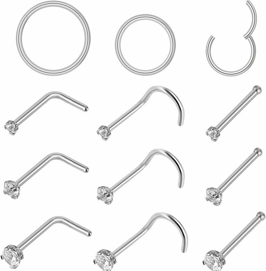 Wholesale TIESOME 12Pcs Stainless Steel Nose Stud Ring, 6/8/10Mm Nose Hoop Piercing Nose Bone/L Shaped/Nose Screws Rings Set Body Jewerly For Women Men Silver Nose Rings