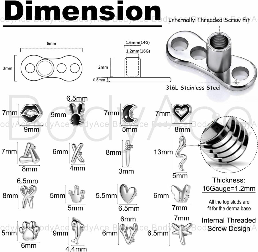 Clearance BodyAce Bodyace 14G 4Pcs Dermal Anchor Tops With 3Pcs Dermal Base, Internally Threaded Dermal Piercing Jewelry For Men Women, Black Skin Piercing Jewelry Kits
