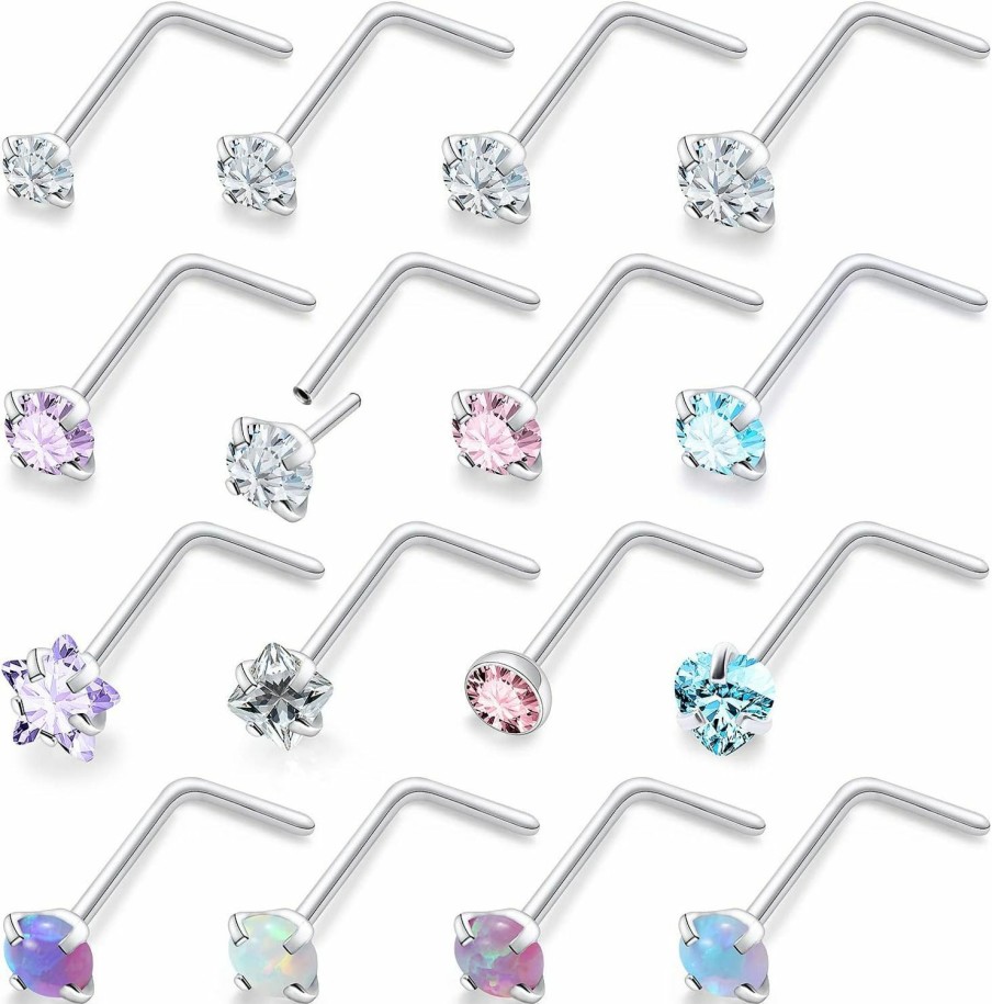 Wholesale Vsnnsns Vsnnsns 18G 20G Push In Nose Rings For Women 316L Surgical Stainless Steel L Shaped Nose Studs Screw Bone Nose Rings Piercings Opal Nostril Piercing Diamond Cz 1.5Mm 2Mm 2.5Mm 3Mm Silver 16Pcs