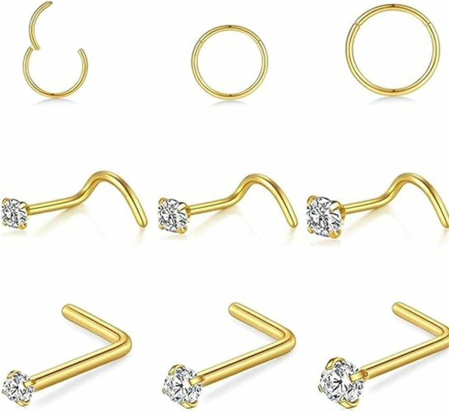 Online davka Davka 9Pcs 18G Stainless Steel Nose Rings 20G L Shape Nose Studs 1.5Mm 2Mm 3Mm Cz Nose Screw Studs Rings For Women Nostril Piercing Jewelry (Gold)