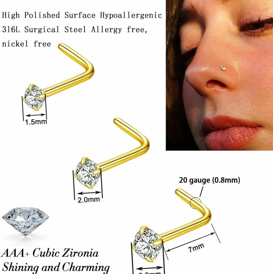 Online davka Davka 9Pcs 18G Stainless Steel Nose Rings 20G L Shape Nose Studs 1.5Mm 2Mm 3Mm Cz Nose Screw Studs Rings For Women Nostril Piercing Jewelry (Gold)