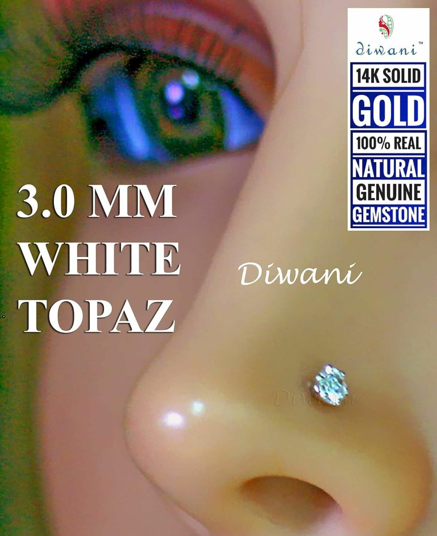 New DIWANI Diwani 14K Gold 3.0Mm Natural White Topaz Gemstone Engagement Wedding Nose Lip Labret Monroe Body Piercing Ring Stud Pin Screw (0.120 Cents, Color- White) 18 Gauge Thick 8.0Mm Length Screw Back Post