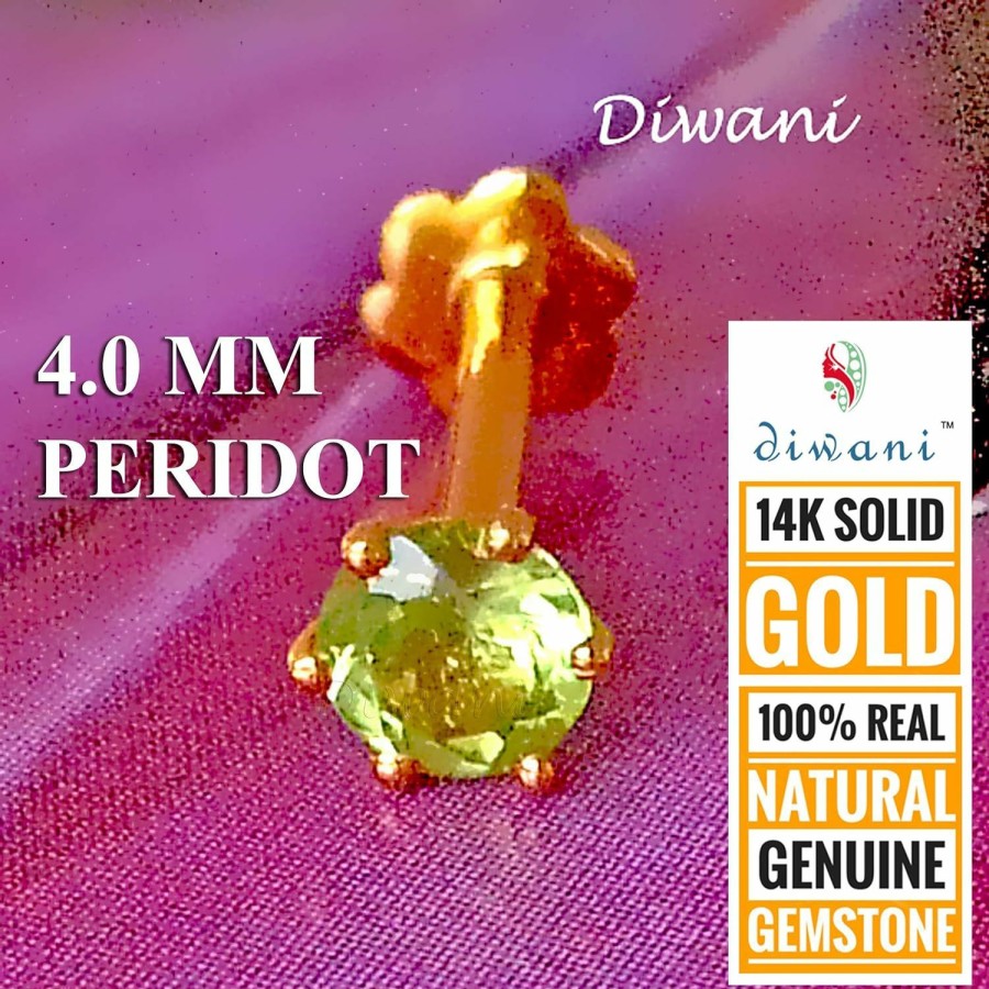 New DIWANI Diwani 14K Gold 4.0Mm Natural Peridot Gemstone Engagement Wedding Nose Lip Labret Monroe Body Piercing Ring Stud Pin Screw (0.230 Cents, Color- Green) 18 Gauge Thick 8.0Mm Length Screw Back Post