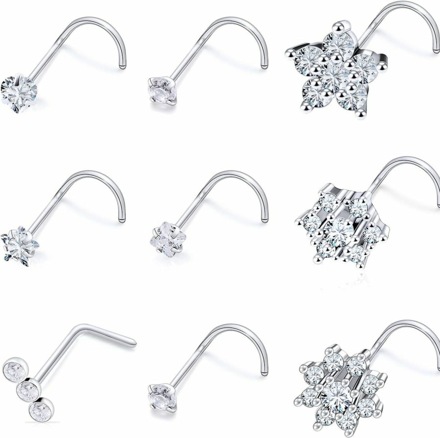 Hot Dyknasz Dyknasz 20G Nose Rings Studs Surgical Steel Nose Studs L Shaped Nose Stud Diamond Screw Nose Piercing Jewelry For Women Paved Cz Flower Heart Nostril Jewelry