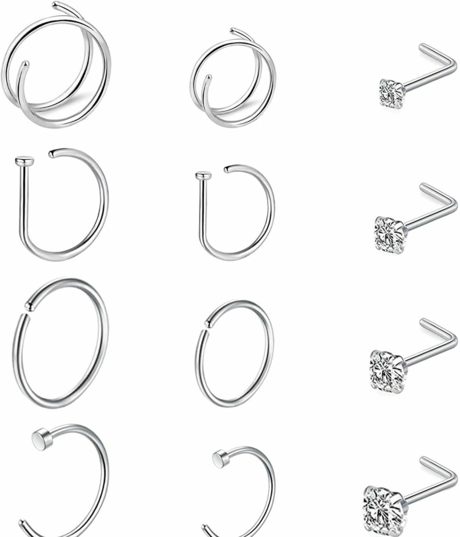 Hot Uni-J Uni-J 12Pcs 20G Pure Titanium Nose Ring Hoop And 1.5/2/2.5/3Mm Cubic Zirconia L Shaped Screw Nose Stud Hypoallergenic Titanium Nose Rings Set For Women Men Girls