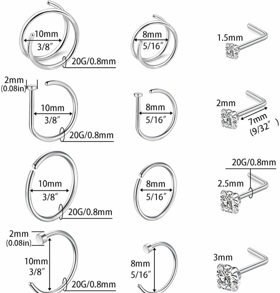 Hot Uni-J Uni-J 12Pcs 20G Pure Titanium Nose Ring Hoop And 1.5/2/2.5/3Mm Cubic Zirconia L Shaped Screw Nose Stud Hypoallergenic Titanium Nose Rings Set For Women Men Girls