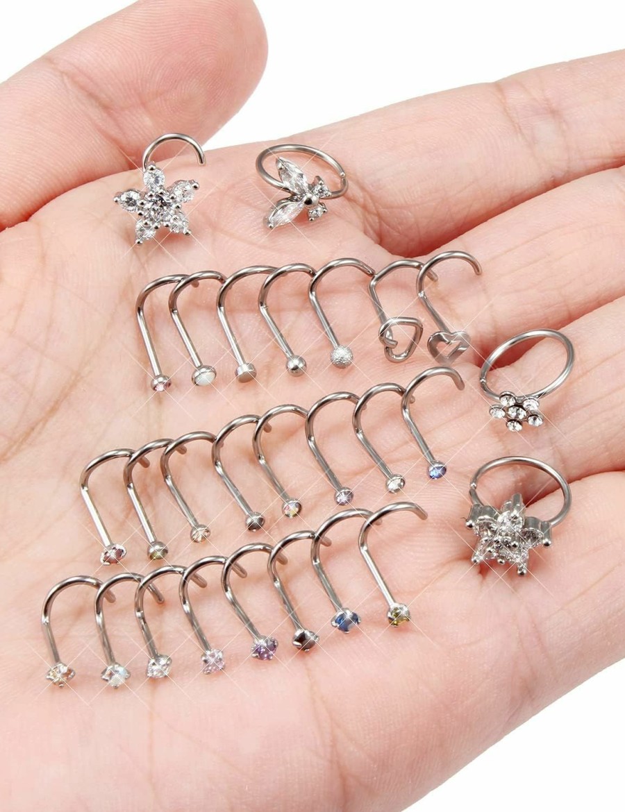 Hot Oufksiyy Oufksiyy 20G 18G Nose Rings For Women Men Surgical Steel Hypoallergenic Nose Ring Flower Cute Cz Diamond Small Silver Heart Star Shape 20 Gauge Hight Indian Nostril Nose Ring Studs Piercing Jewelry