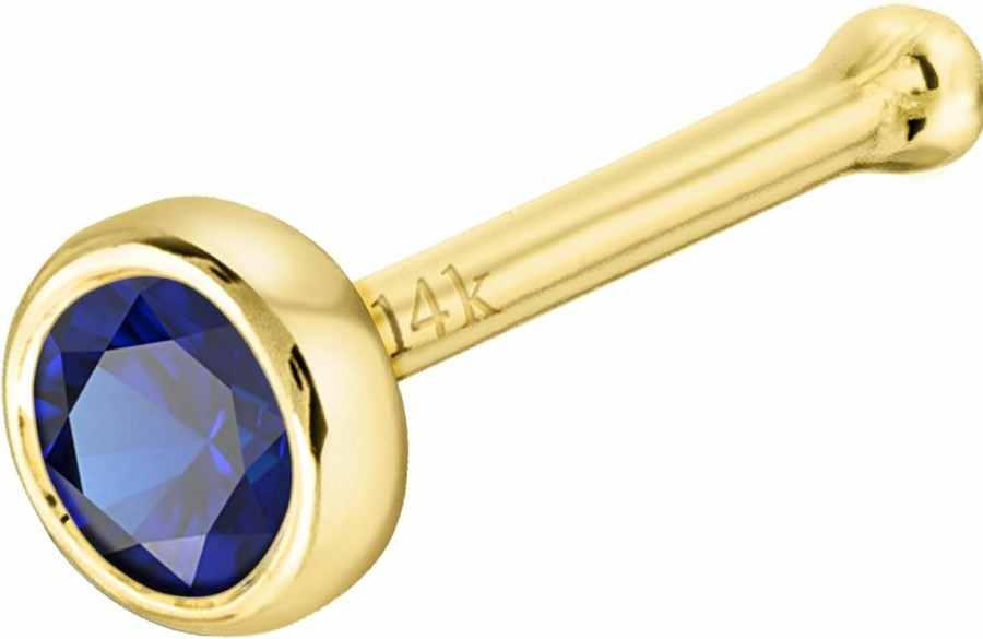 Hot Jewelry Avalanche Jewelry Avalanche Solid 14K Gold Ball-End Stud Bezel Set Blue Sapphire 22G Nose Bone Nose Stud - 14K White Gold / 14K Yellow Gold September Birthstone Nose Ring Stud