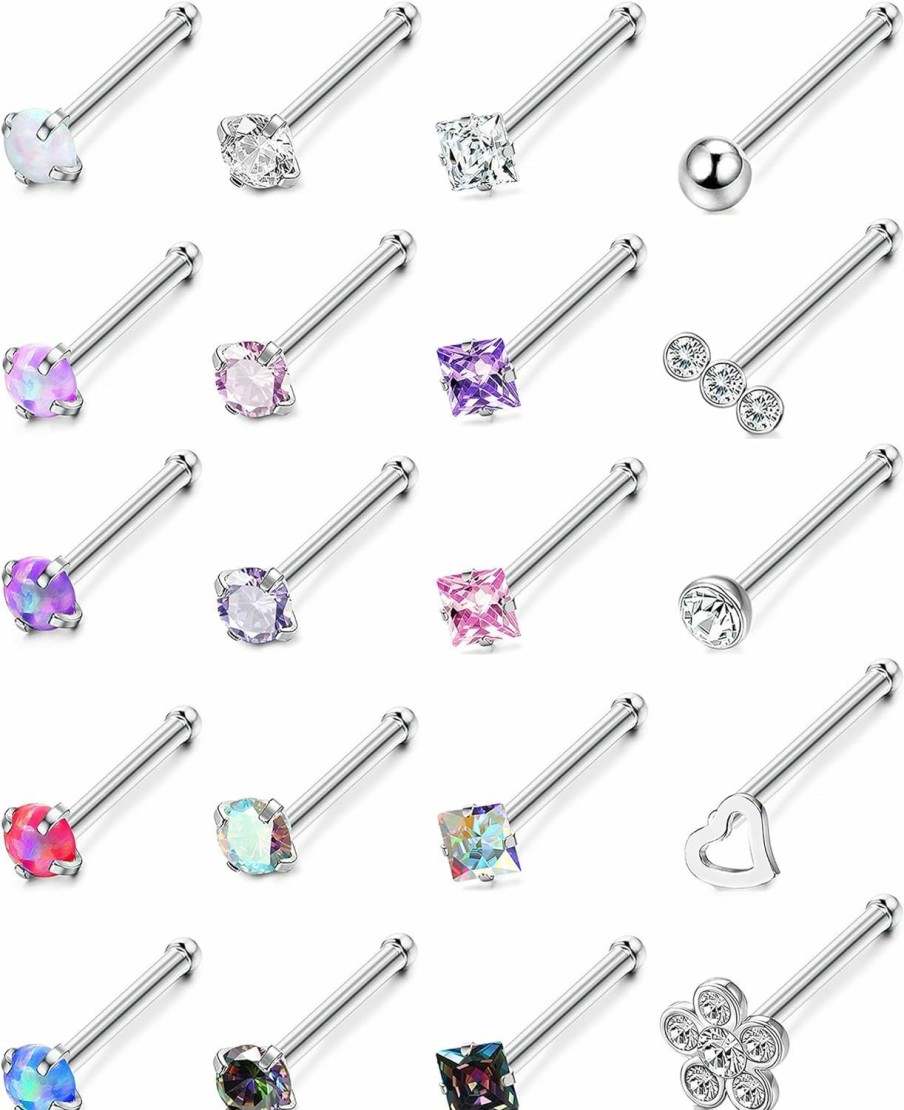 Clearance Besteel Besteel 20 Pcs Hypoallergenic 20G Nose Rings For Women Men Cubic Zirconia Stainless Steel Nose Studs Set Labret Lip Nostril Piercing Jewelry Multicolor 2Mm L Shaped Straight Screw