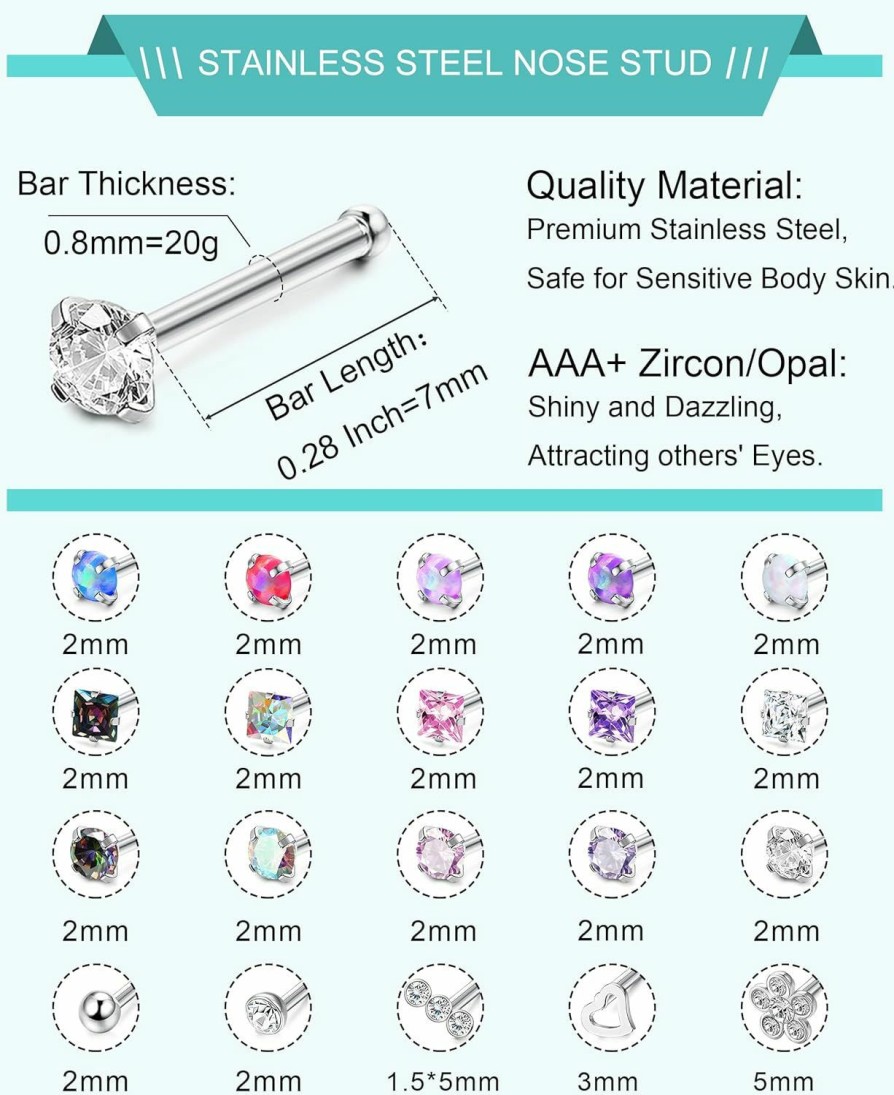 Clearance Besteel Besteel 20 Pcs Hypoallergenic 20G Nose Rings For Women Men Cubic Zirconia Stainless Steel Nose Studs Set Labret Lip Nostril Piercing Jewelry Multicolor 2Mm L Shaped Straight Screw