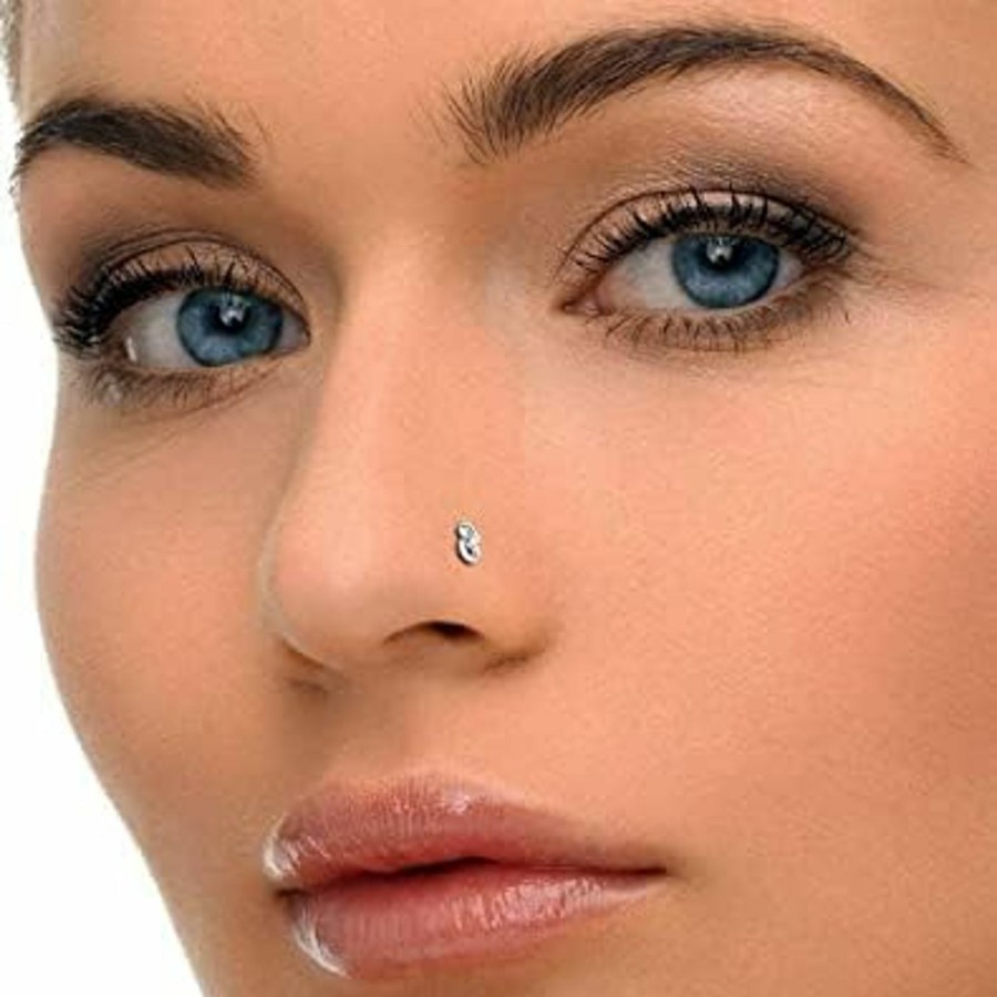 Wholesale Generic Natural Diamond Classic Nose Ring Sterling Silver Nose Stud In 16 Gauge And 8Mm Length/Diamond Nose Stud For Womens/Diamond Color- J-K Diamond Clarity- I1-I2 Diamond Weight 0.01 Ct