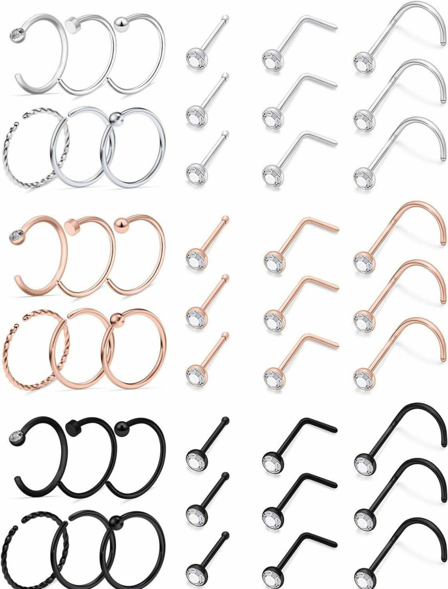 Best Ftovosyo Ftovosyo 20G Nose Rings Studs Surgical Steel Nose Rings Hoop Piercing Jewelry For Women Men Set 45Pcs