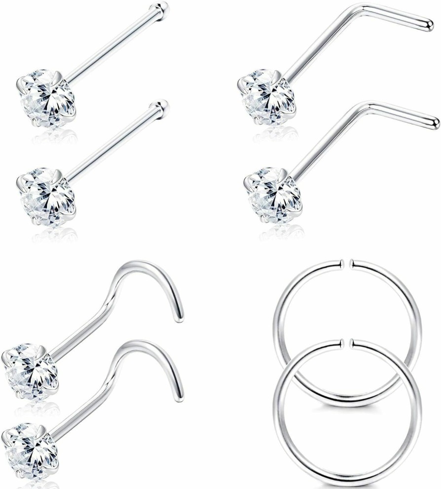 Hot Sllaiss Sllaiss 22G 925 Sterling Silver Nose Rings Studs L Shaped Cz Nose Rings Hoop For Women Men Corkscrew Nose Rings Helix Piercing Jewelry Set Cartilage Earrings Hoop Tragus 8Pcs