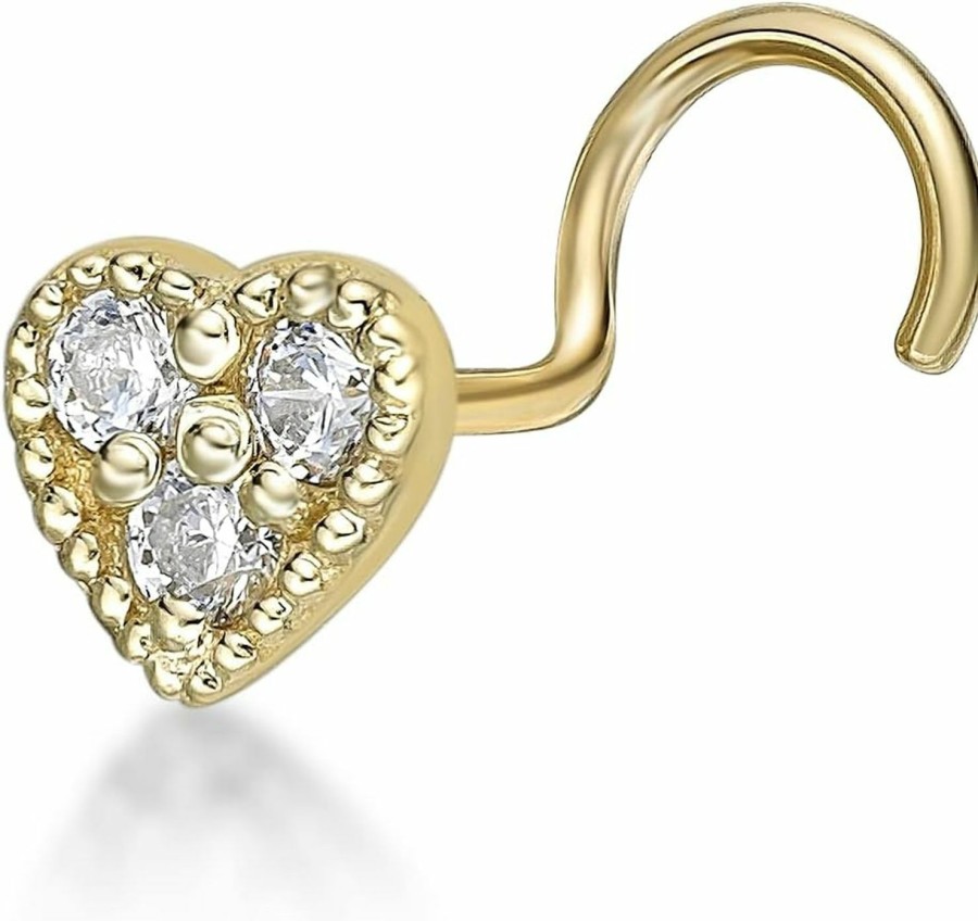 Online Lavari Jewelers 20 Gauge Cubic Zirconia Curved Screw Milgrain Heart Nose Ring In 10K Yellow Gold Cz Uni Stud Nose Ring Hypoallergenic 20G Body Piercing By Lavari Jewelers