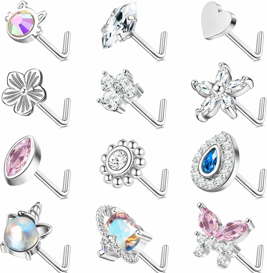 Best DOLOTTA Dolotta 12Pcs 20G Stainless Steel Nose Rings Stud For Women Men L Shape Cute Nose Piercing Cz Flower Butterfly Nose Rings Set Nose Piercing Jewelry