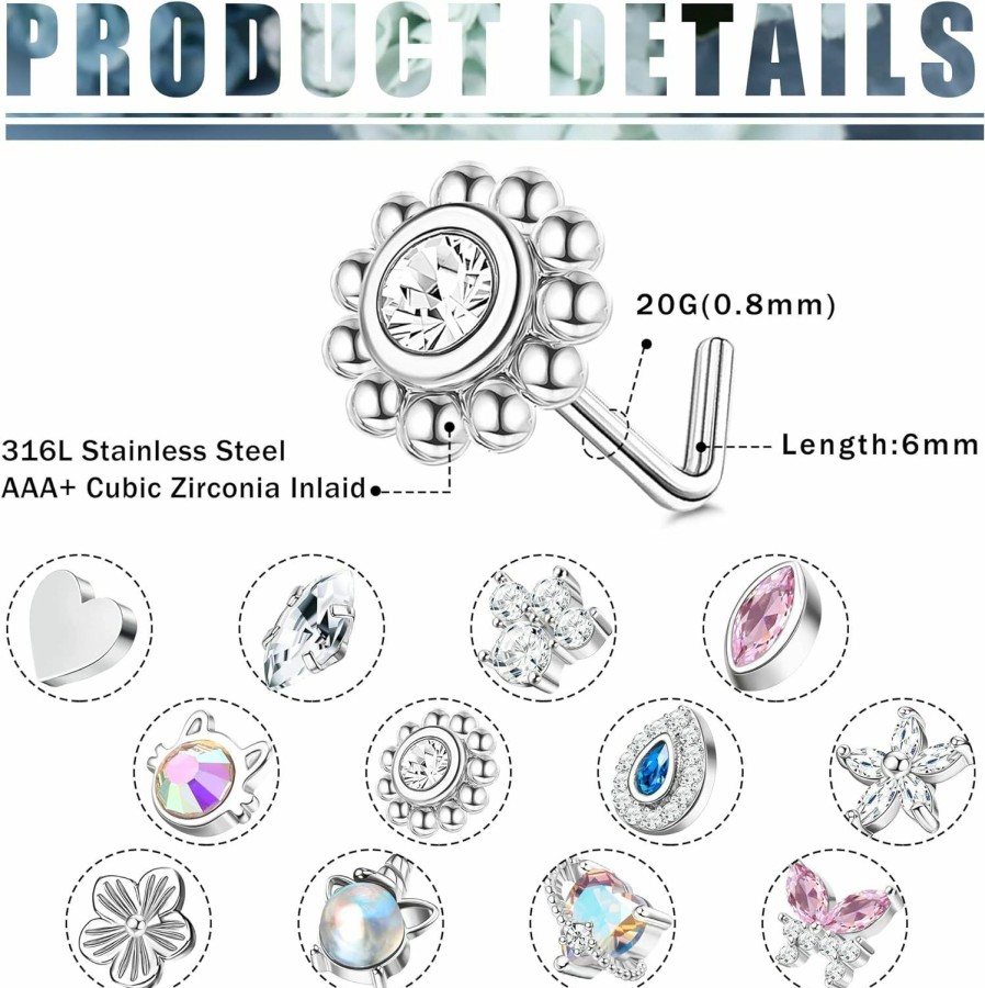 Best DOLOTTA Dolotta 12Pcs 20G Stainless Steel Nose Rings Stud For Women Men L Shape Cute Nose Piercing Cz Flower Butterfly Nose Rings Set Nose Piercing Jewelry