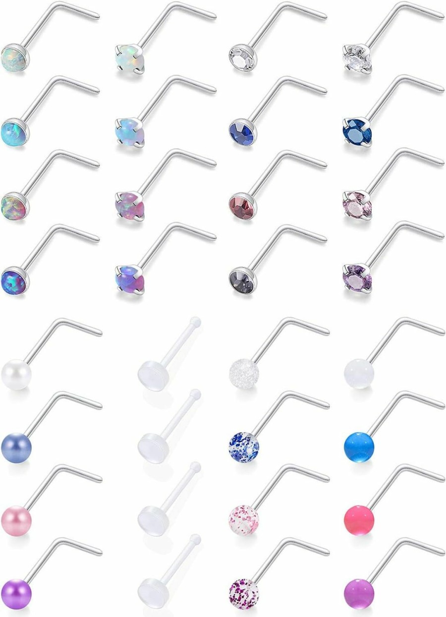 New Prjndjw Prjndjw 20G Nose Rings Nose Studs For Women Opal Clear Cz Glow In The Dark Pearl Glitter Nose Rings Body Piercing Jewelry 2Mm Straight Bar Curved Bar L Shaped Nose Rings