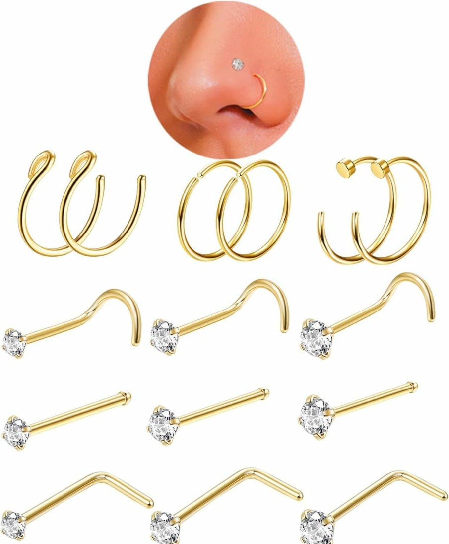 New Jstyle Jstyle 15 Pcs 20G Hypoallergenic G23 Titanium Nose Rings Hoops Nose Piercing L Shape Nose Studs Corkscrew Bone Nose Rings Studs 1.5/2/2.5Mm Tiny Cz Sets For Women Men