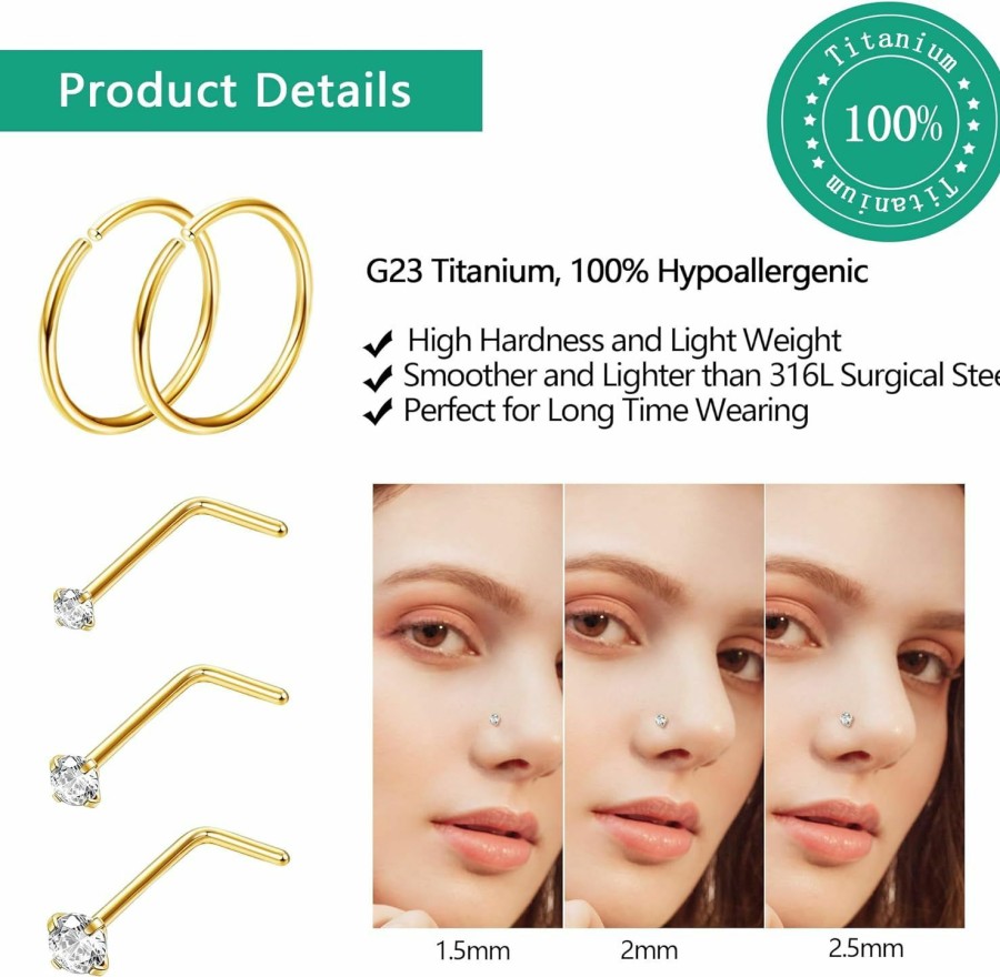 New Jstyle Jstyle 15 Pcs 20G Hypoallergenic G23 Titanium Nose Rings Hoops Nose Piercing L Shape Nose Studs Corkscrew Bone Nose Rings Studs 1.5/2/2.5Mm Tiny Cz Sets For Women Men