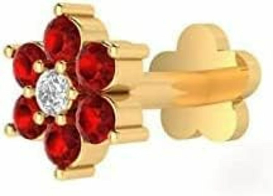 Clearance Generic Natural Diamond Red Ruby Nose Ring Sterling Silver Nose Stud Flower In 16 Gauge And 8Mm Length/Diamond Nose Stud For Womens/Diamond Color- J-K Diamond Clarity- I1-I2 Diamond Weight 0.02 Ct