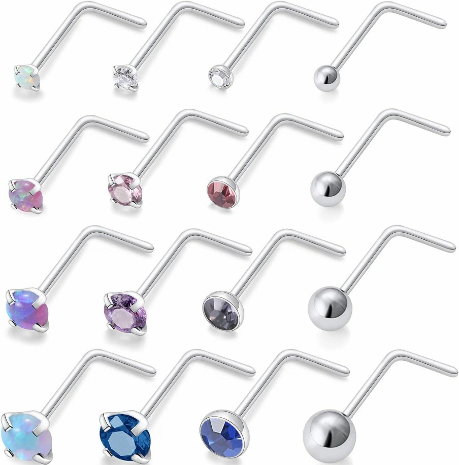 Hot Generic Lsnevsie 18G 20G 22G Surgical Steel Opal Nose Rings Studs For Women Men Nose Piercing Jewelry Top Diamond 1.5Mm 2Mm 2.5Mm 3Mm 16Pcs