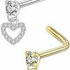 Wholesale PINKFAITH Pinkfaith Pack 2 Gold And Silver Cubic Zirconia Heart Dangle Drop Nose Studs L Shaped Nose Rings For Women Girls Surgical Steel Hypoallergenic Piercing Jewelry Cz Trendy Unique Dainty Gifts