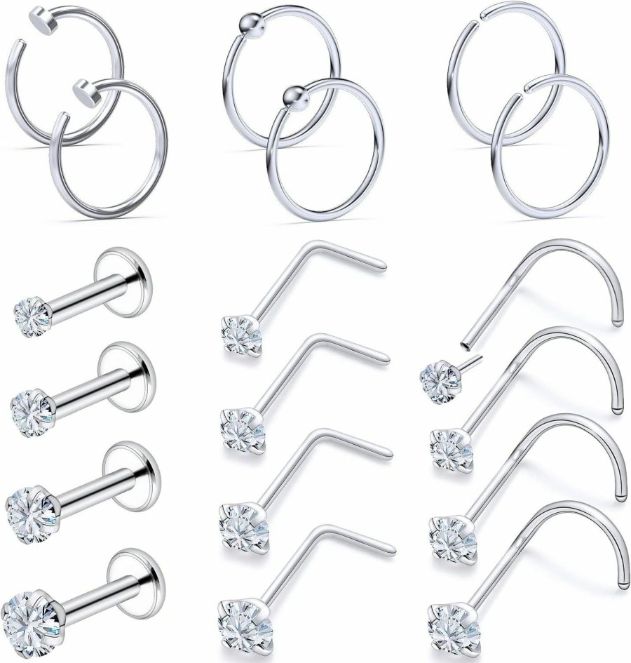 New Vsnnsns Vsnnsns 18G 20G Threadless Push In Nose Rings For Women 316L Surgical Stainless Steel L Shaped Nose Studs Screw Bone Nose Rings Hoops Piercings Nostril Piercing Nose Studs Jewelry Cz 1.5Mm-3Mm 18Pcs