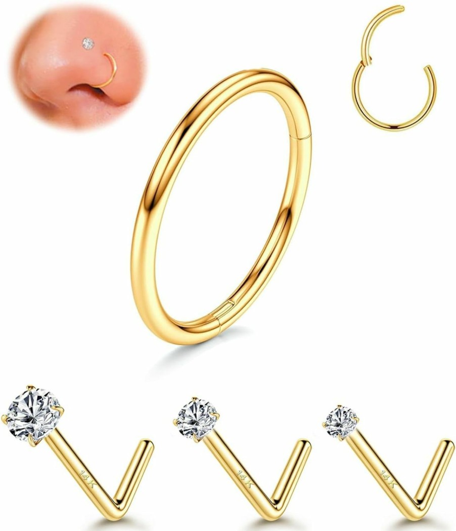 Clearance Purbeaut Purbeaut 4Pcs 16G/20G Nose Rings Hoops Nose Studs 316L Surgical Stainless Steel Nose Ring Gold Nose Ring L Shape Screw Nose Rings Studs 1.5/2/3Mm Cz Sets For Men Women