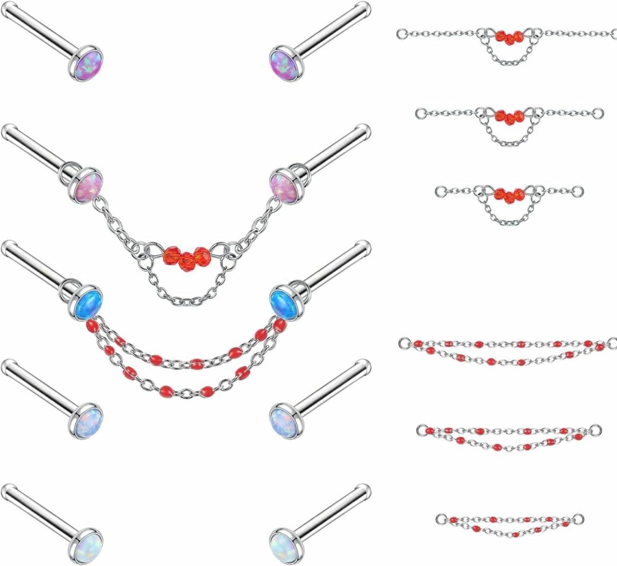 New PunkTracker Punktracker 16Pcs 20G Opal Nose Rings Surgical Steel Nose Studs For Women Nose Rings Studs With Chains Hypoallergenic Nose Piercing Jewelry
