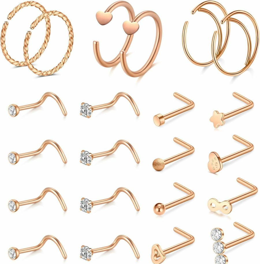 Wholesale Anicina Anicina 20G Nose Rings Nose Rings Hoops L Shaped Nose Studs Screw Cz Nostril Surgical Steel Piercing Jewelry For Women Men 22 Pcs Silver & Gold & Rose Gold