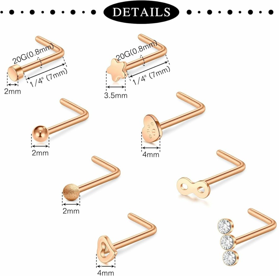 Wholesale Anicina Anicina 20G Nose Rings Nose Rings Hoops L Shaped Nose Studs Screw Cz Nostril Surgical Steel Piercing Jewelry For Women Men 22 Pcs Silver & Gold & Rose Gold