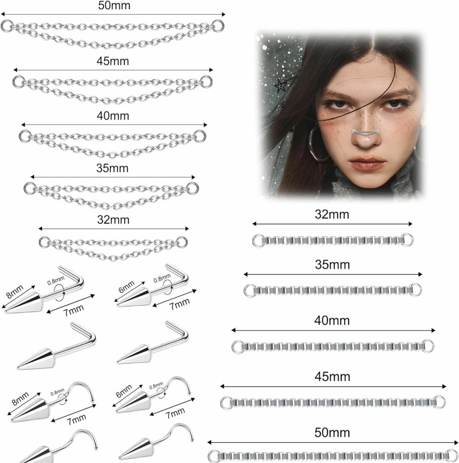 Best 6ixGosh 6Ixgosh Nose Chain Spike Nose Rings Studs Surgical Steel Across Top Nose Piercing Jewelry Nostril Chain For Women Men Double Nose Piercing Nostril Bridge Jewelry, Black Silver