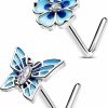 Clearance OUFER Oufer 2Pcs Nose Rings Studs, 316L Surgical Steel 20G Nose Rings L-Shaped Silver, Spring Element Butterfly Flower Design Blue Nose Nostril Piercing Jewelry For Women And Men