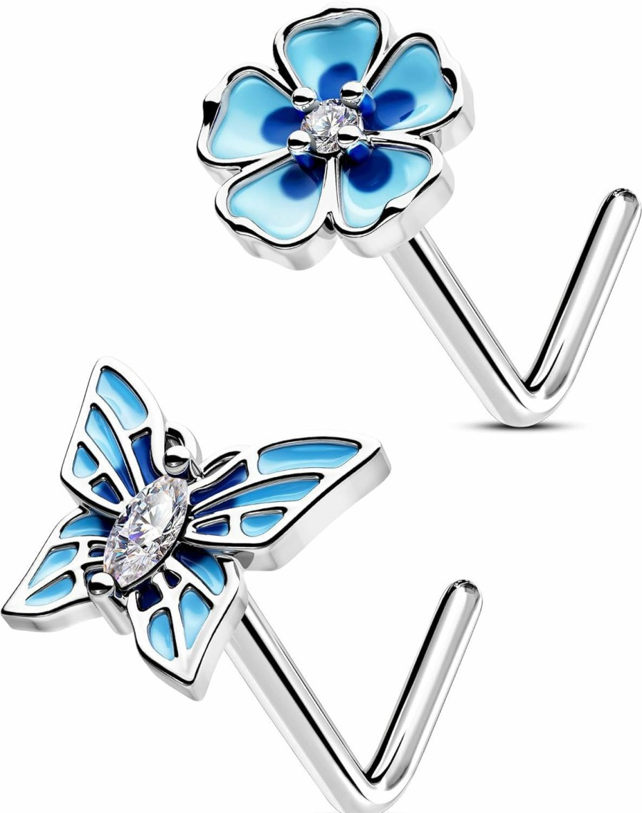 Clearance OUFER Oufer 2Pcs Nose Rings Studs, 316L Surgical Steel 20G Nose Rings L-Shaped Silver, Spring Element Butterfly Flower Design Blue Nose Nostril Piercing Jewelry For Women And Men