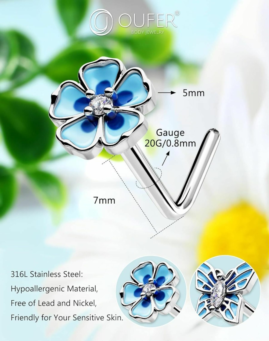 Clearance OUFER Oufer 2Pcs Nose Rings Studs, 316L Surgical Steel 20G Nose Rings L-Shaped Silver, Spring Element Butterfly Flower Design Blue Nose Nostril Piercing Jewelry For Women And Men