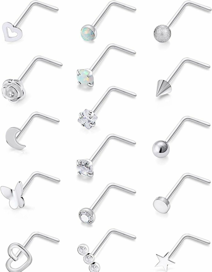 Best Hoeudjo Hoeudjo Nose Rings 20G Cz/Opal/Heart/Moon/Flower/Flat/Star/Ball Top Nose Stud L-Shaped Surgical Steel Nose Piercing Jewelry Set 16 Pieces