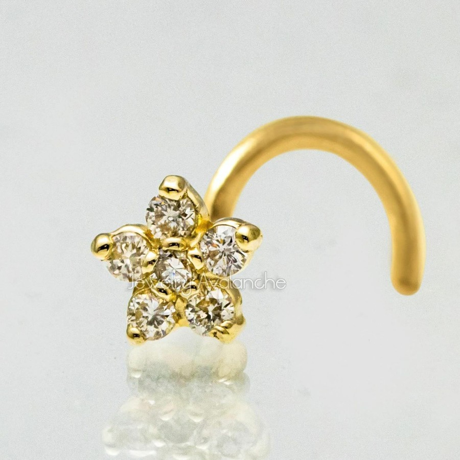 Best Jewelry Avalanche Jewelry Avalanche 0.05Ct Diamond Flower Nose Stud 14K Gold 20G Nose Ring L-Shape/Nose Bone/Nose Screw - White Gold/Yellow Gold - Sold Per Piece