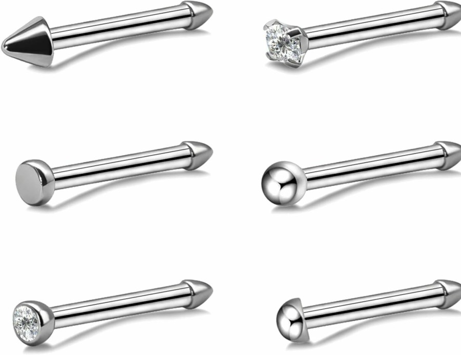 New BLISI 6Pcs 18G 20G Nose Rings Titanium Nose Piercings Screw With Crystal Stone For Women Nose Rings L-Shaped Nose Studs Set For Women Men