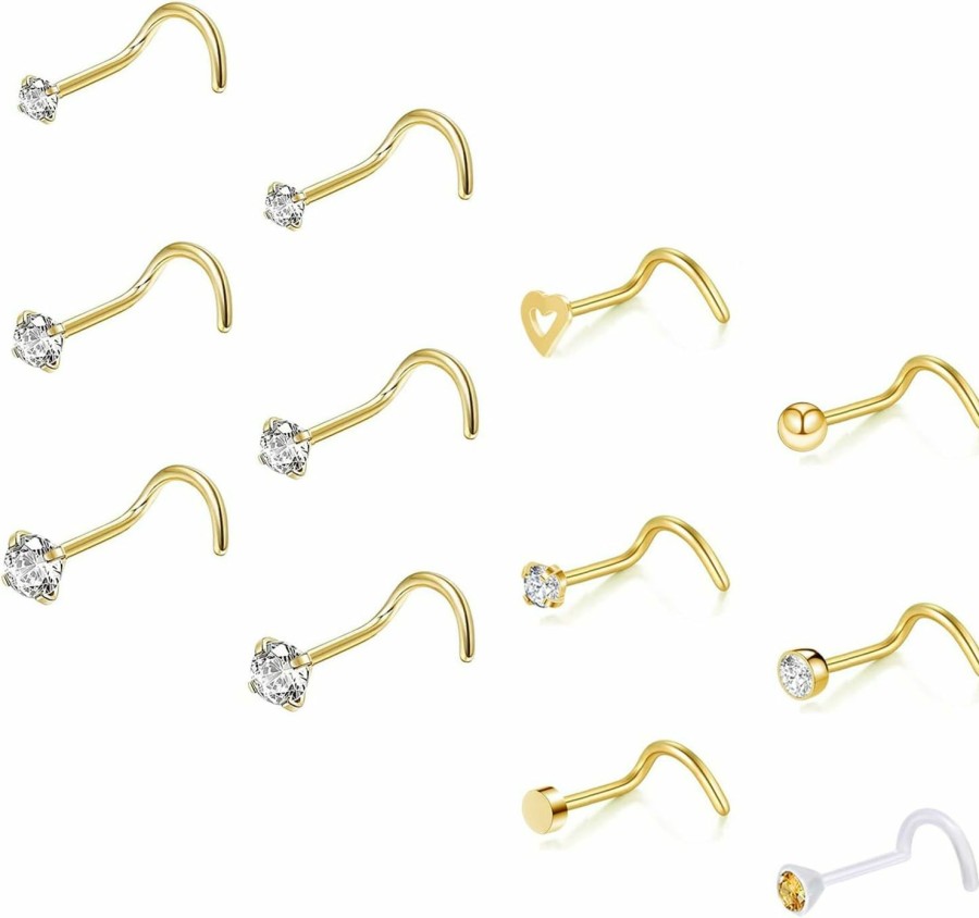 Wholesale ZS Zs 12Pcs 20G Nose Studs Rings - Surgical Steel L Shape Nose Bone Nose Screw Cz Nostril Piercing Jewelry For Women